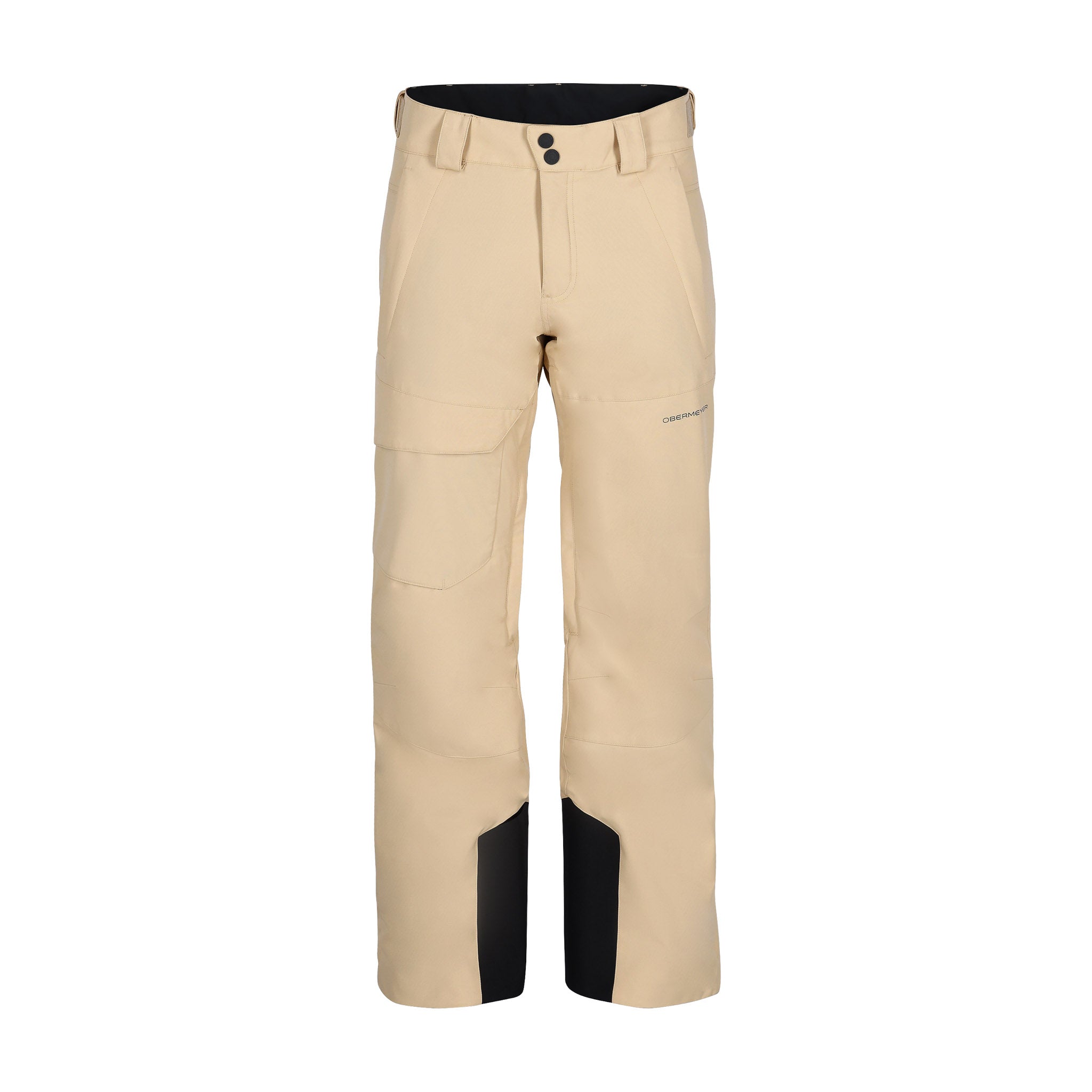 Obermeyer Orion Insulated Pant 2025 - Beige snow pants with a black logo on the left thigh and two zippered pockets on the front.