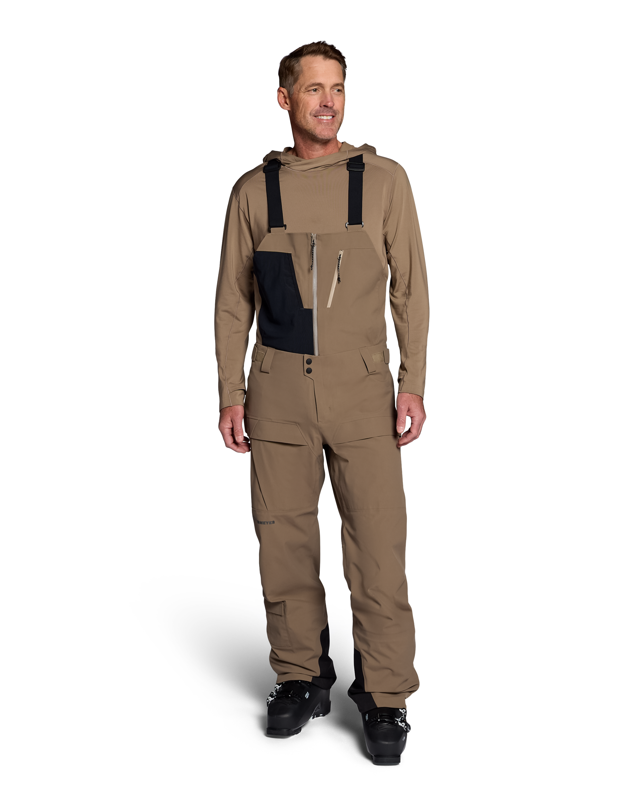 Men's mushroom shell bib pants with dark navy panels and adjustable suspenders