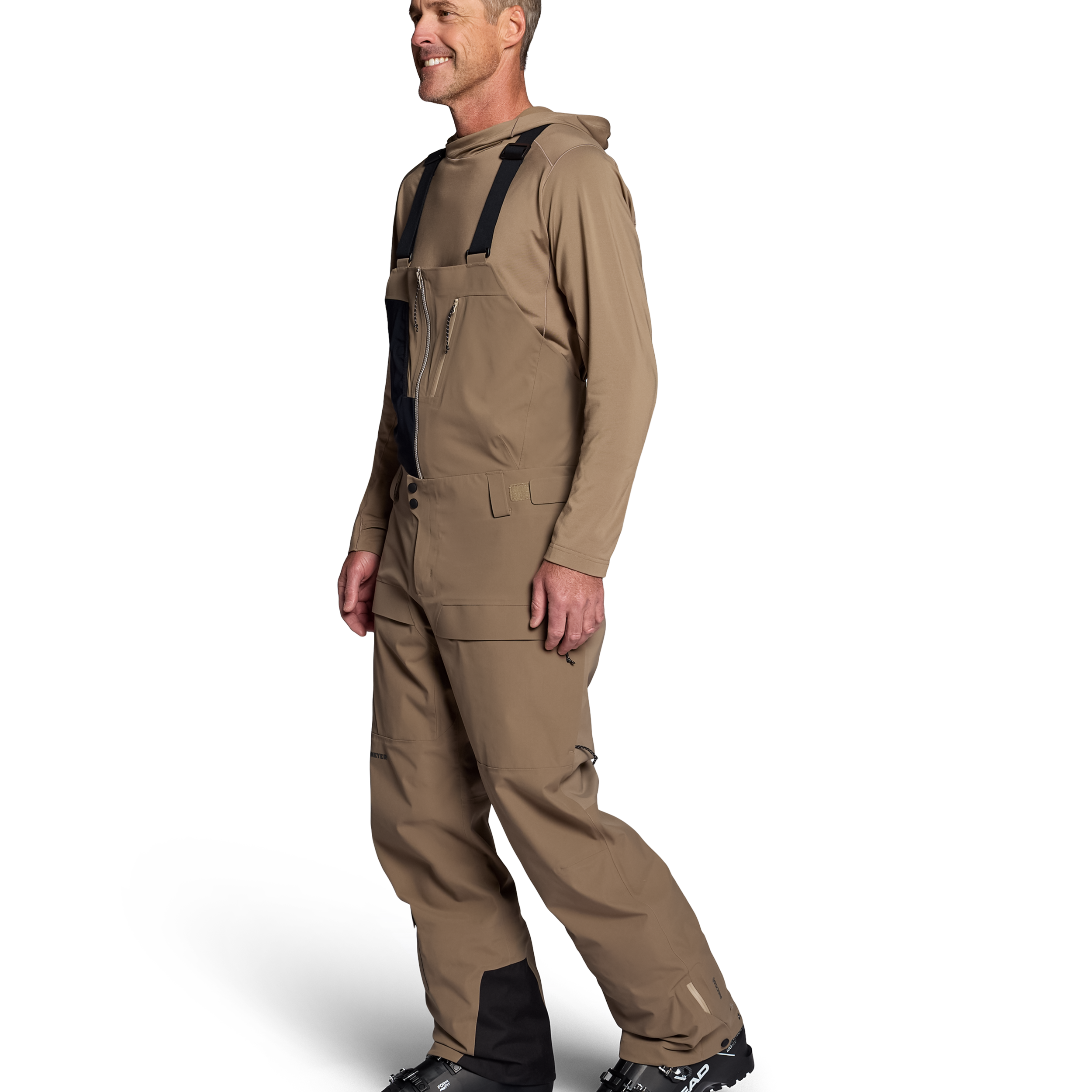 Men's mushroom shell bib pants with dark navy side bib and adjustable straps