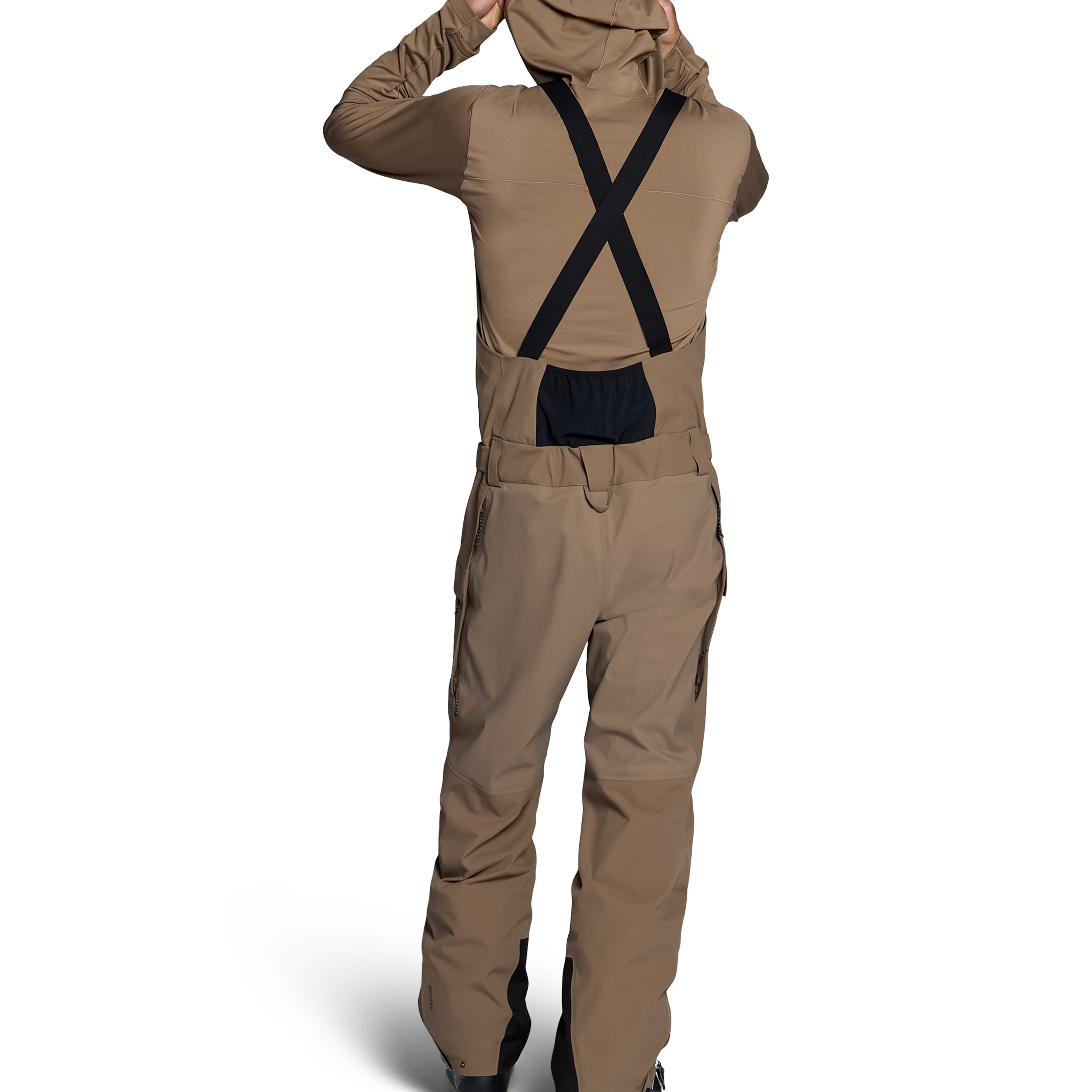 Men's mushroom shell bib pants with X-back suspenders and dark navy bib panel