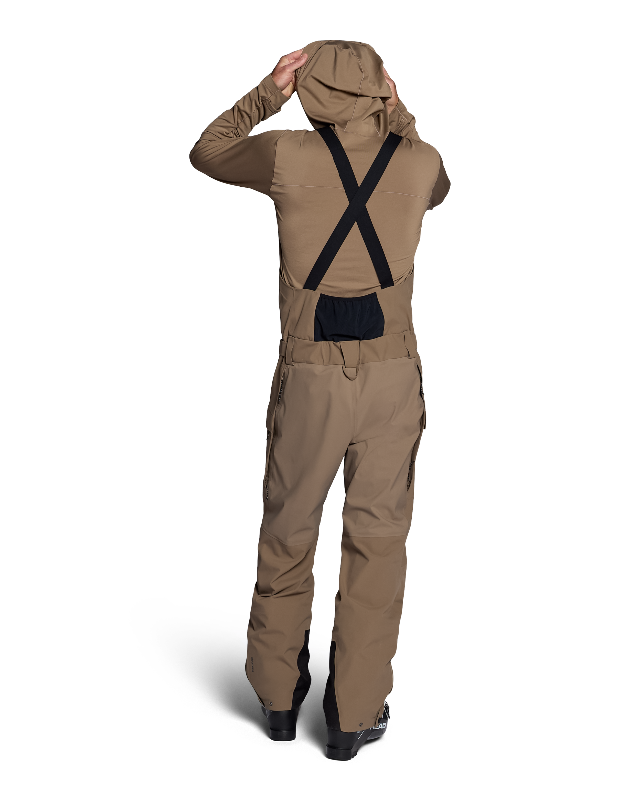 Men's mushroom shell bib pants with X-back suspenders and dark navy bib panel