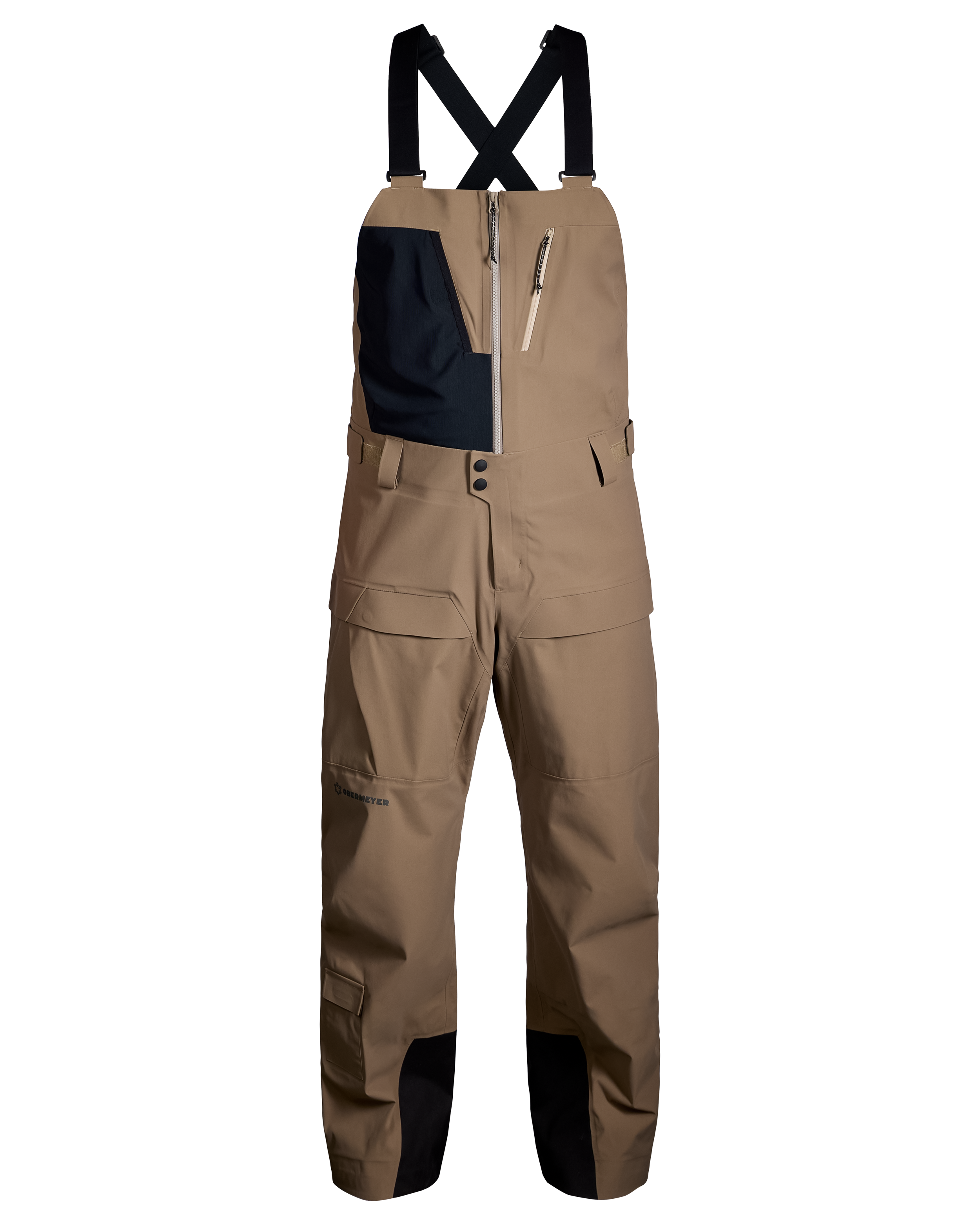 Men's mushroom shell bib pants with dark navy upper bib and adjustable suspender straps