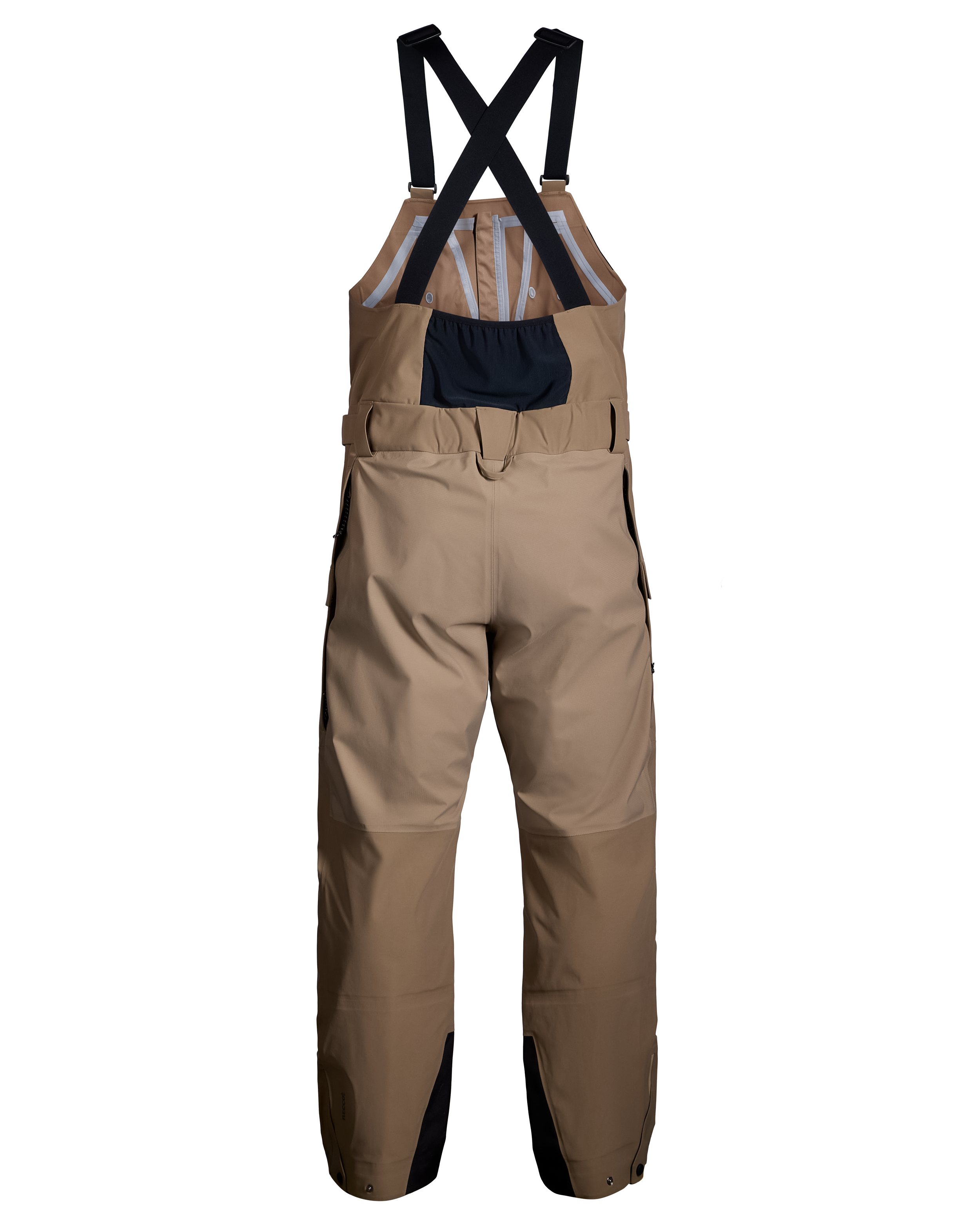 Men's mushroom shell bib pants with dark navy X-back suspenders and chest bib panel