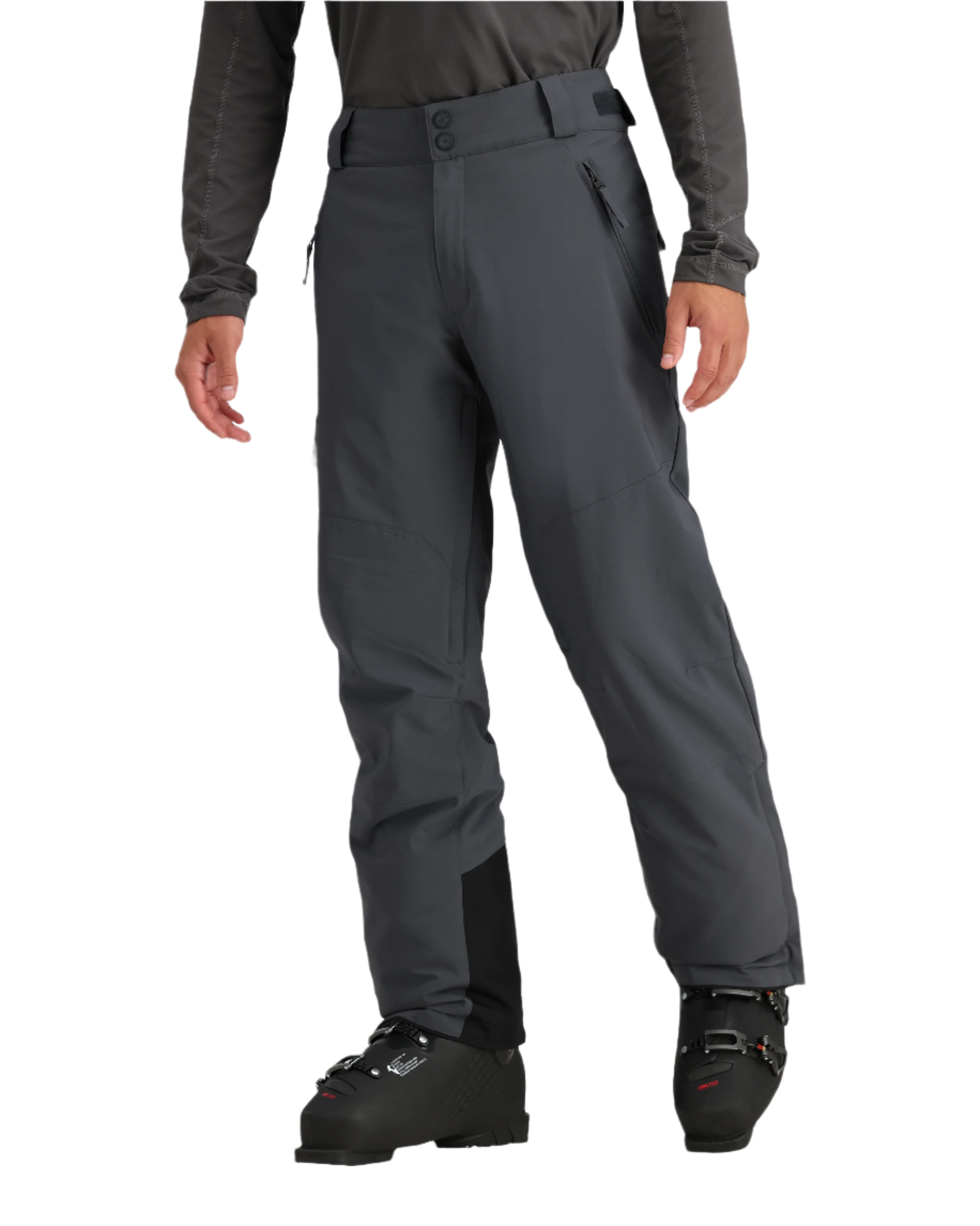 Obermeyer Alpinist Stretch Pant 2025 - Dark gray snow pants with a subtle pattern of thin, darker gray stripes on the upper thigh area.