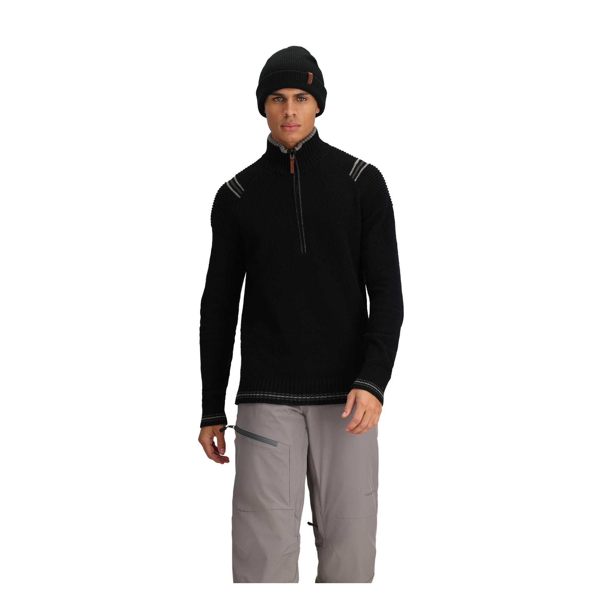 Obermeyer Gambel Half Zip Sweater - A black sweater with a zipper down the front and two white stripes on each shoulder.