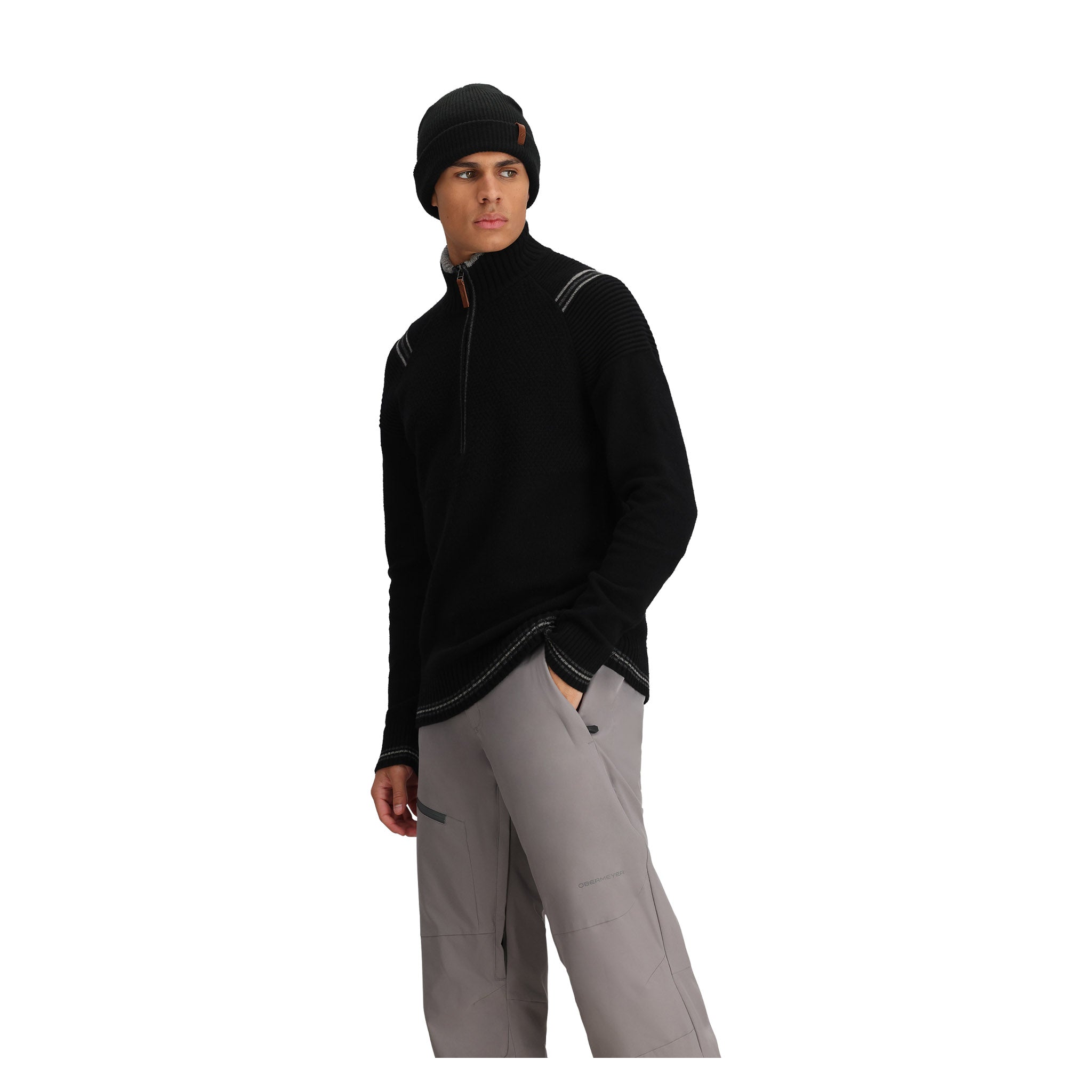Obermeyer Gambel Half Zip Sweater 2025 - A black half-zip sweater with white stitching and a brown zipper pull.