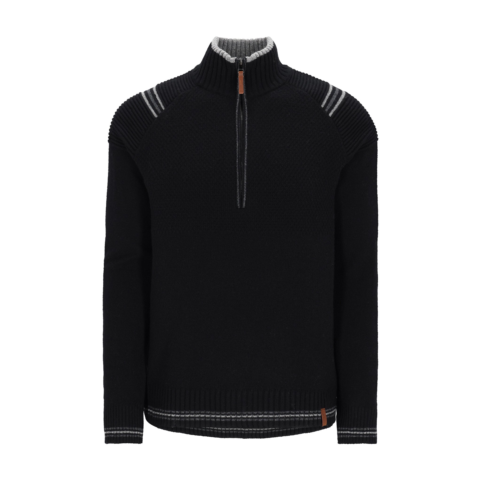 Obermeyer Gambel Half Zip Sweater 2025 - A black sweater with a zippered neckline and two white stripes on each shoulder.