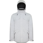 Boulder Gear Teton Insulated Jacket 2024 - A white insulated jacket with a hood, featuring two chest pockets and black drawstrings on the hood.