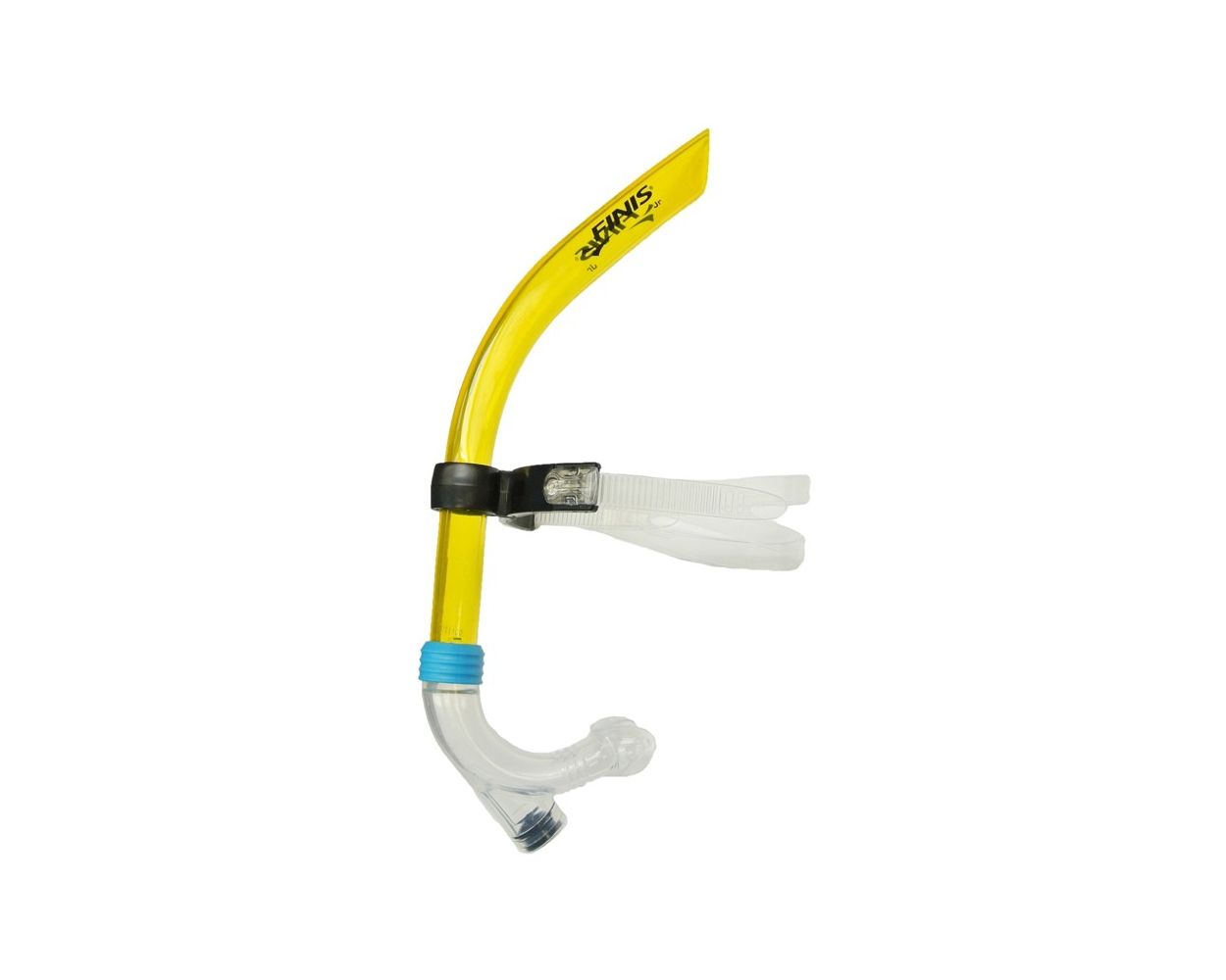 Finis Original Swimmers Snorkel - A yellow snorkel with a black strap and clear plastic mouthpiece.