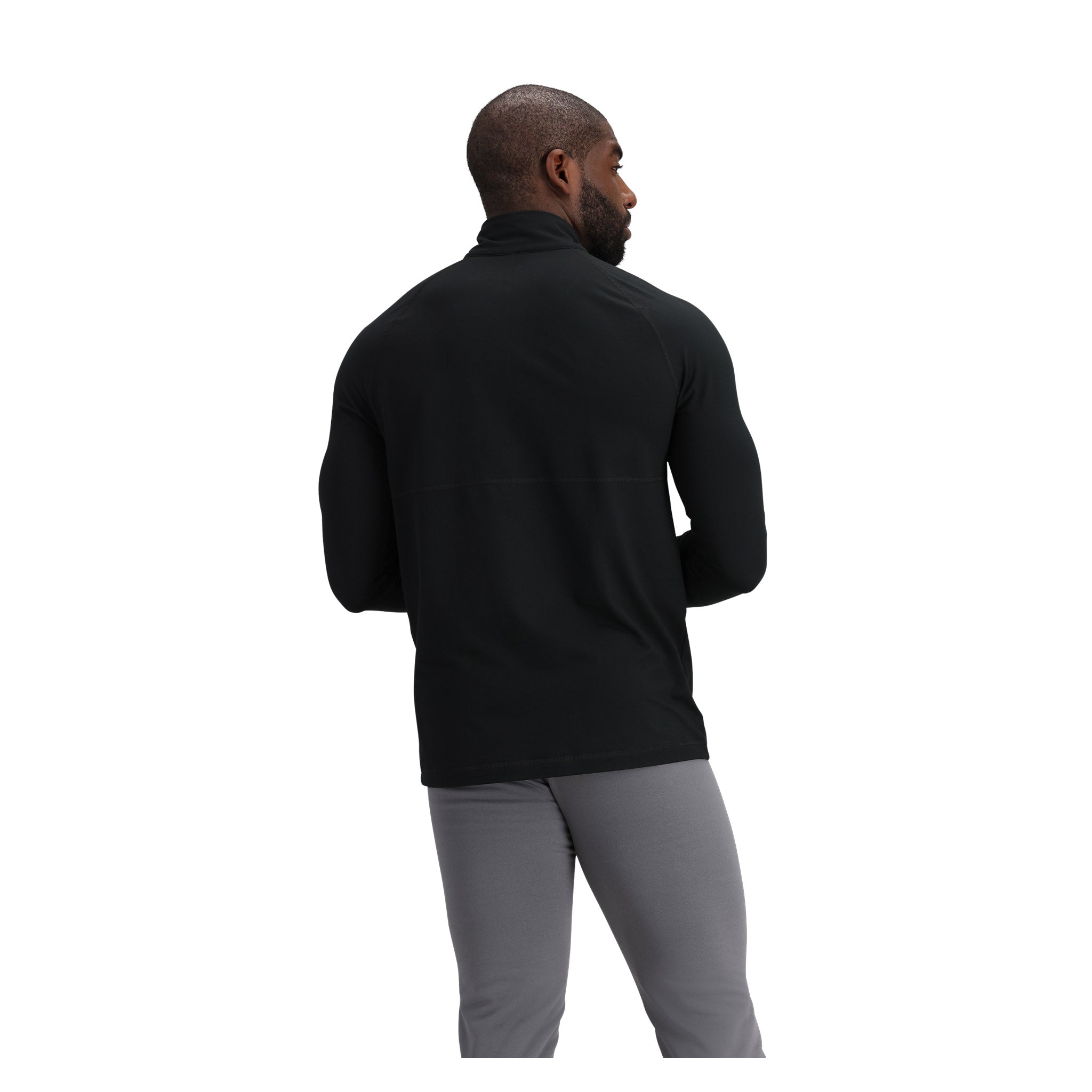 Obermeyer Flex 1/4 Zip T Neck 2025 - A black quarter-zip sweater with a high collar and zippered front, worn by a model from behind.