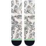 PAIZLEY CREW C SOCK 2023 - A white crew sock with a paisley pattern in black and gray.
