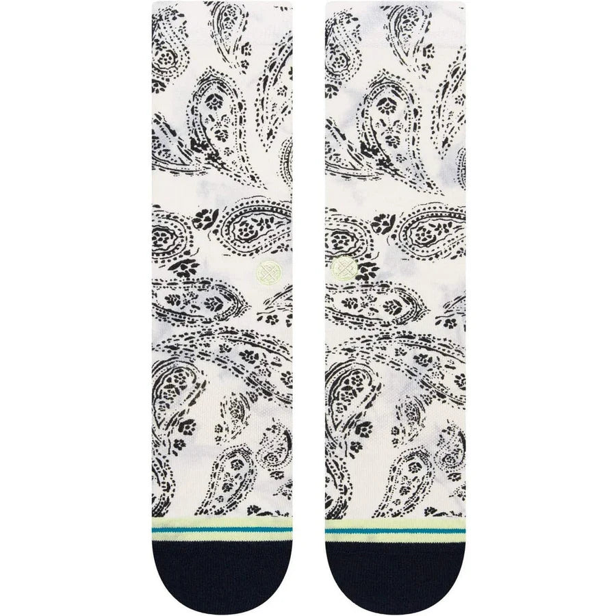 PAIZLEY CREW C SOCK 2023 - A white crew sock with a paisley pattern in black and gray.