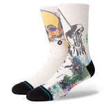 SICKLE CREW C SOCK 2023 - White crew socks with a colorful abstract design featuring a skull and crossbones motif.