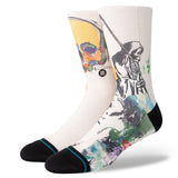 SICKLE CREW C SOCK 2023 - White crew socks with a colorful abstract design featuring a skull and crossbones motif.