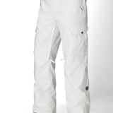 White women’s cargo pants with side cargo pockets and snap-closure ankle cuffs