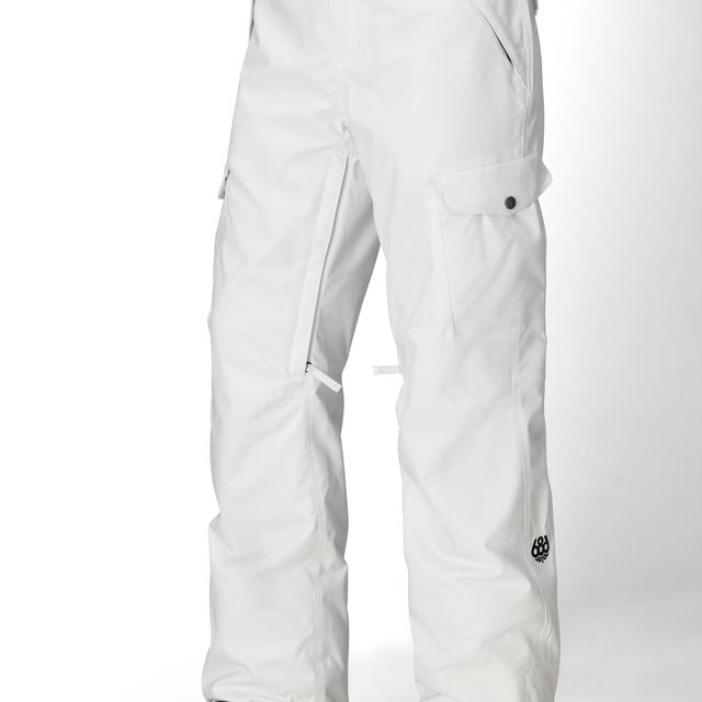 White women’s cargo pants with side cargo pockets and snap-closure ankle cuffs