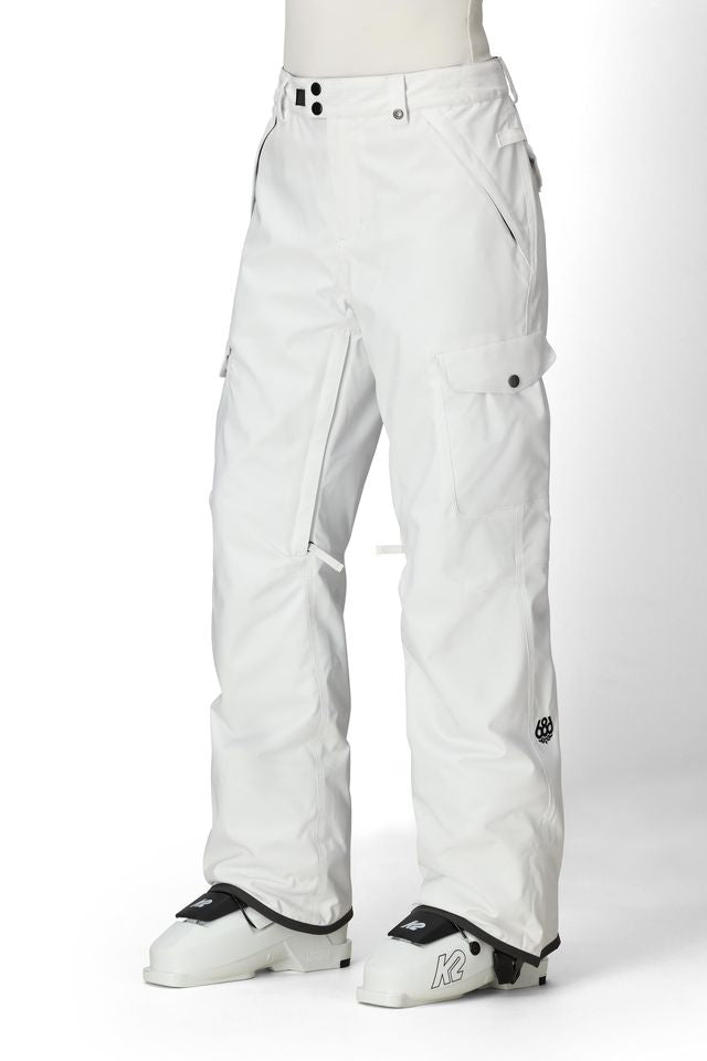 White women’s cargo pants with side cargo pockets and snap-closure ankle cuffs