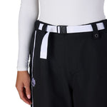 Black pants with snap belt at waist and side stripe detail