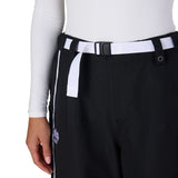 Black pants with snap belt at waist and side stripe detail