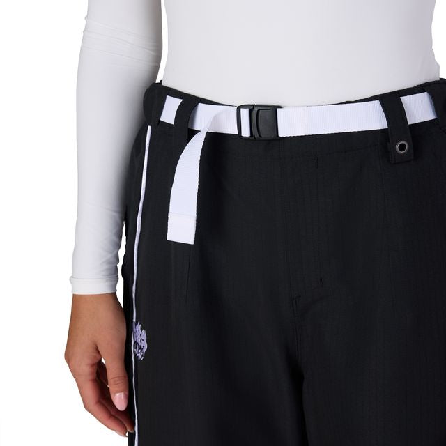 Black pants with snap belt at waist and side stripe detail