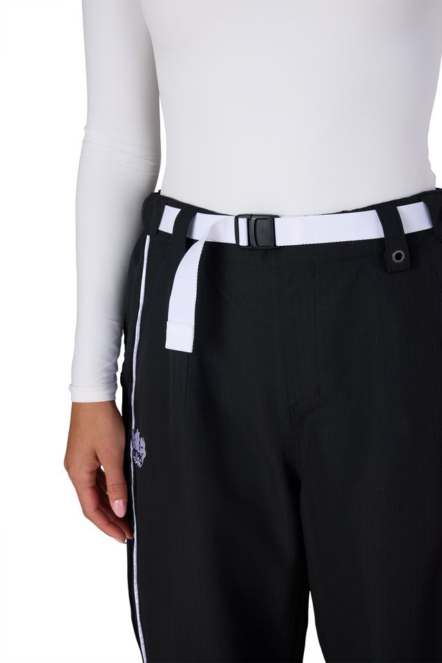 Black pants with snap belt at waist and side stripe detail