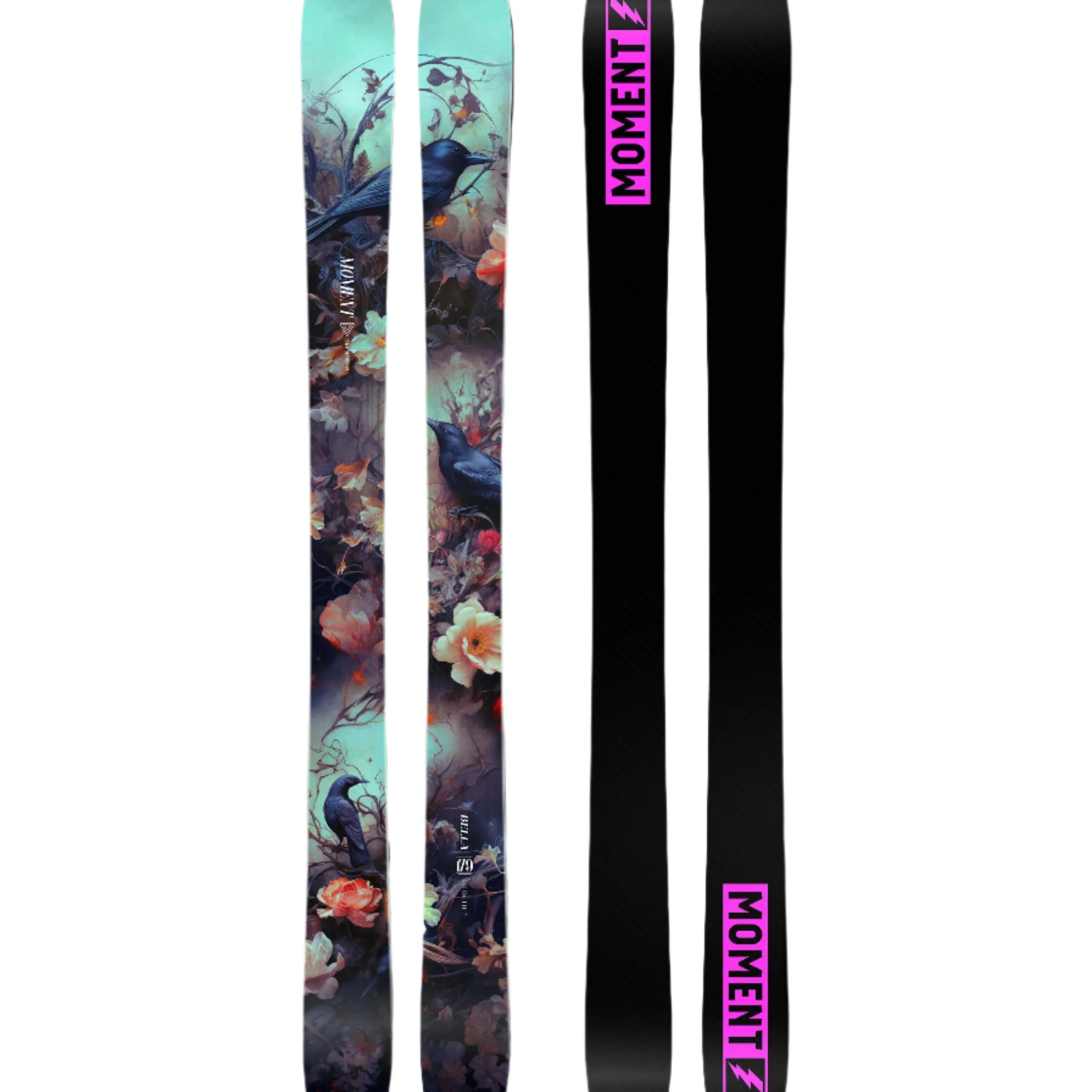 Moment Women's Bella Skis 2025 - A pair of skis with a light blue-green top sheet featuring a floral pattern and two black birds perched on branches.