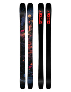 Moment Countach 104 Skis 2025 - Black skis with a graphic of a cabin in the woods at night, featuring a full moon and bare trees.