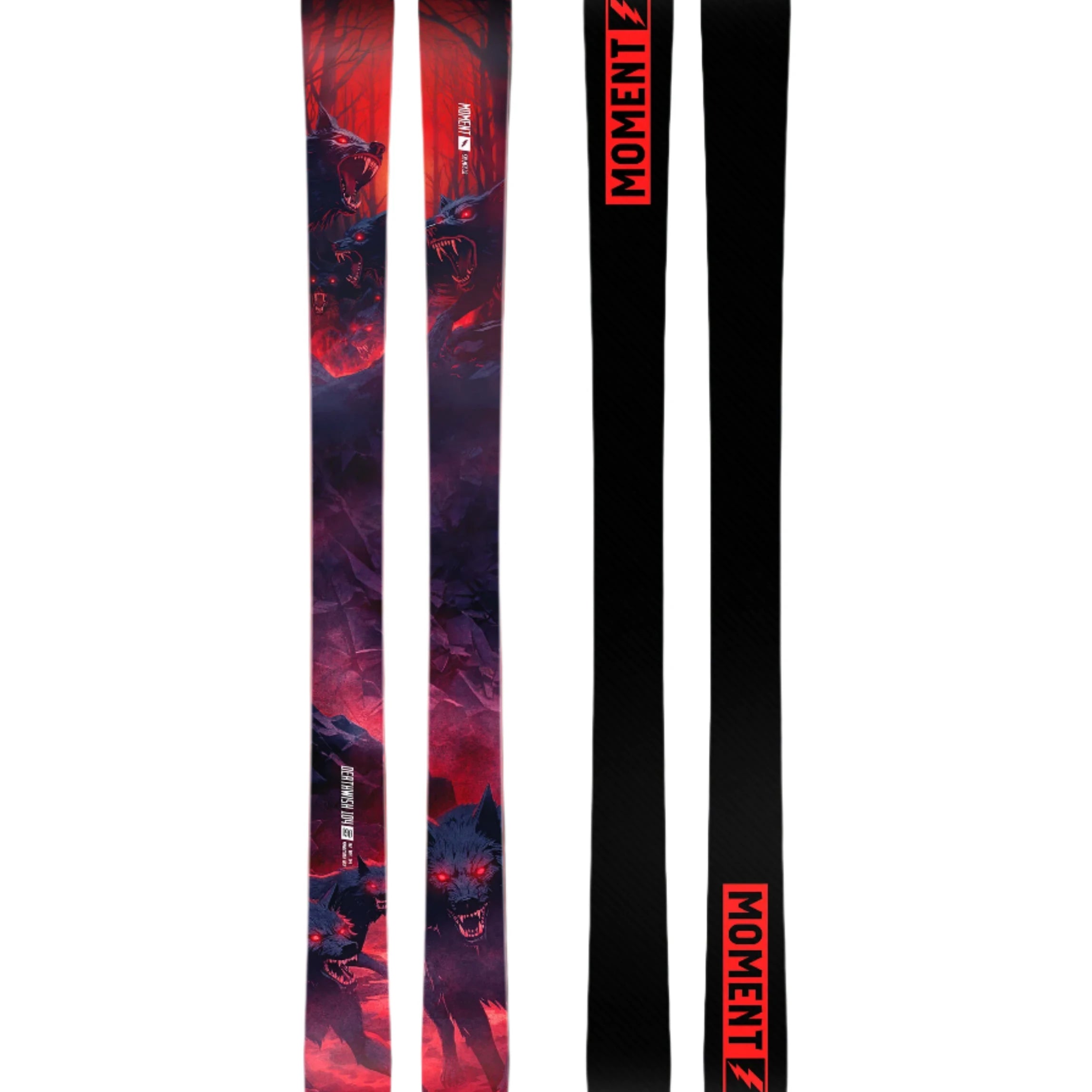 Moment Deathwish 104 Skis 2025 - A pair of skis with a black base and red accents, featuring a wolf graphic on the top sheet.