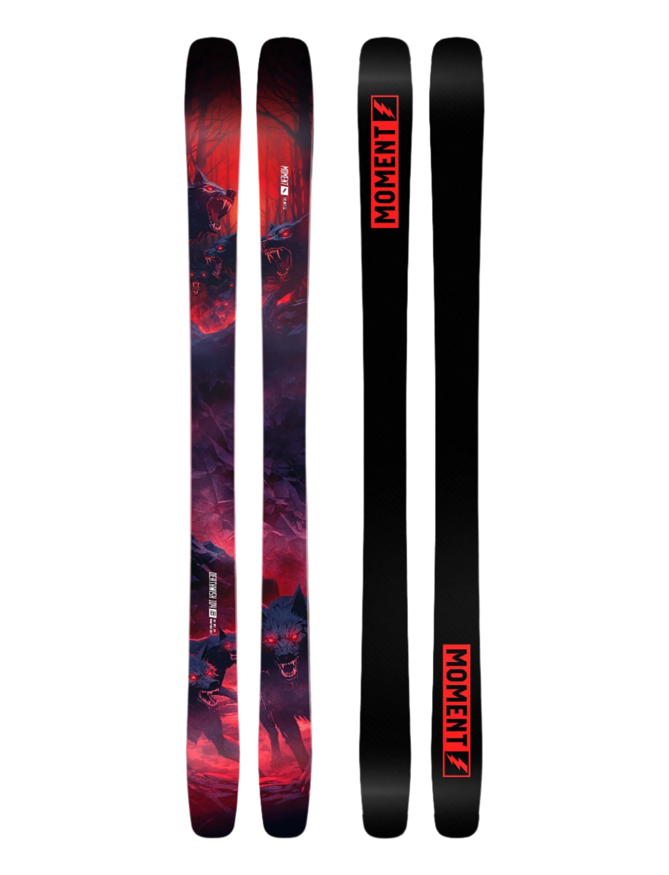 Moment Deathwish 104 Skis 2025 - A pair of skis with a black base and red accents, featuring a wolf graphic on the top sheet.
