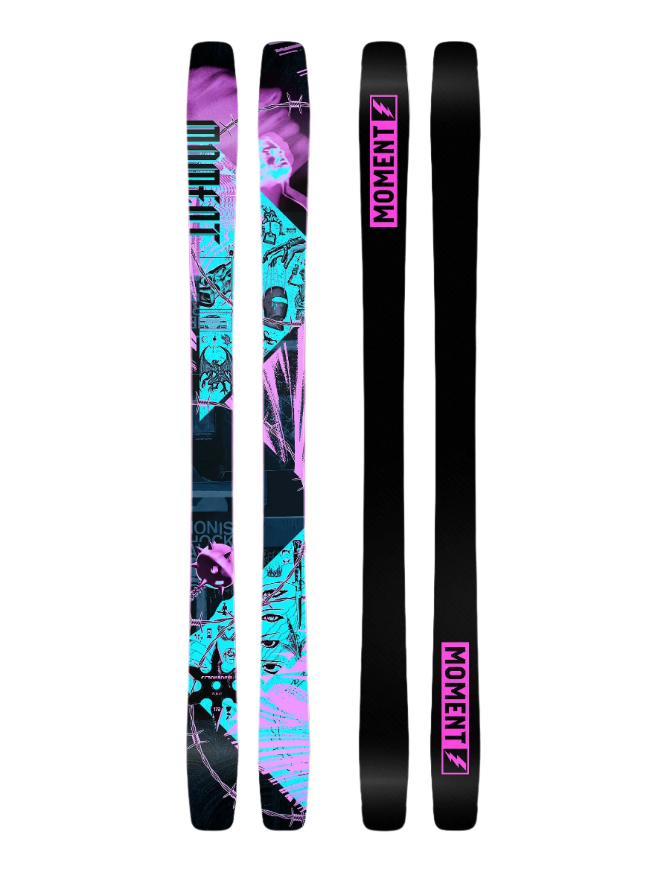 Moment FrankenSki Skis 2025 - A pair of skis with a purple and blue abstract design featuring various shapes, including what appears to be a skull.