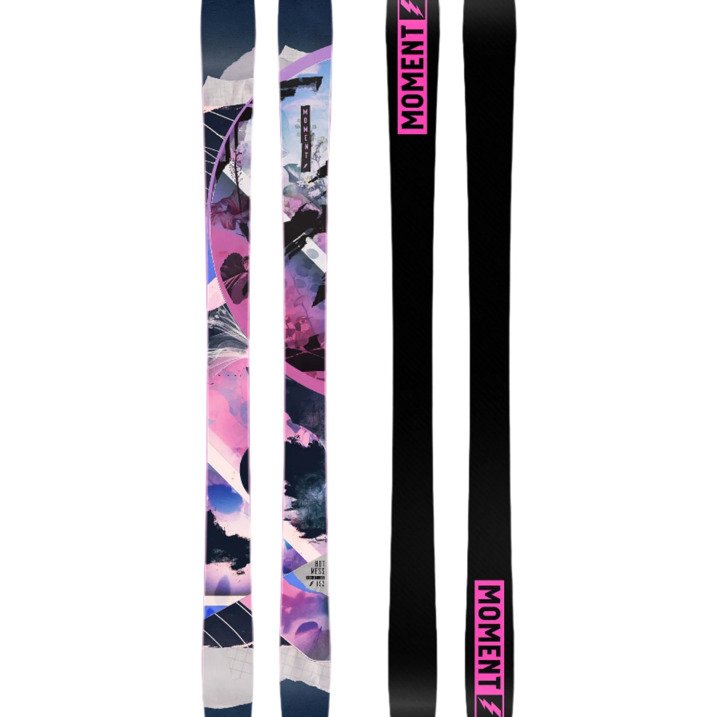 Moment Women's Hot Mess Skis 2025 - A pair of skis with a pink and blue abstract design, featuring a mountain range in shades of purple and white.