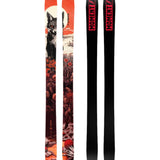 Moment Women's Sierra Skis 2025 - A pair of skis with a black and white graphic design featuring a woman skiing down a mountain, set against a light gray background.