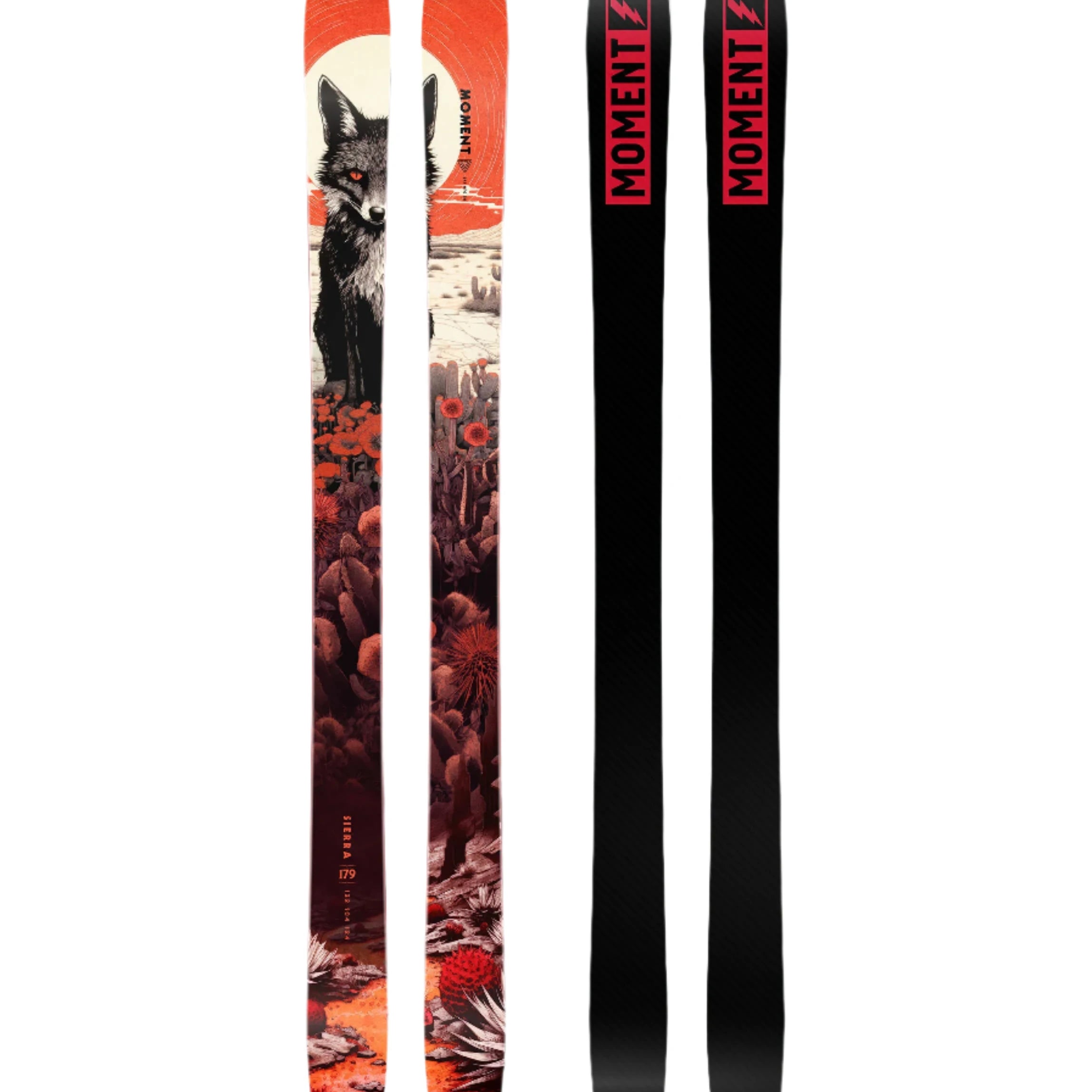 Moment Women's Sierra Skis 2025 - A pair of skis with a black and white graphic design featuring a woman skiing down a mountain, set against a light gray background.