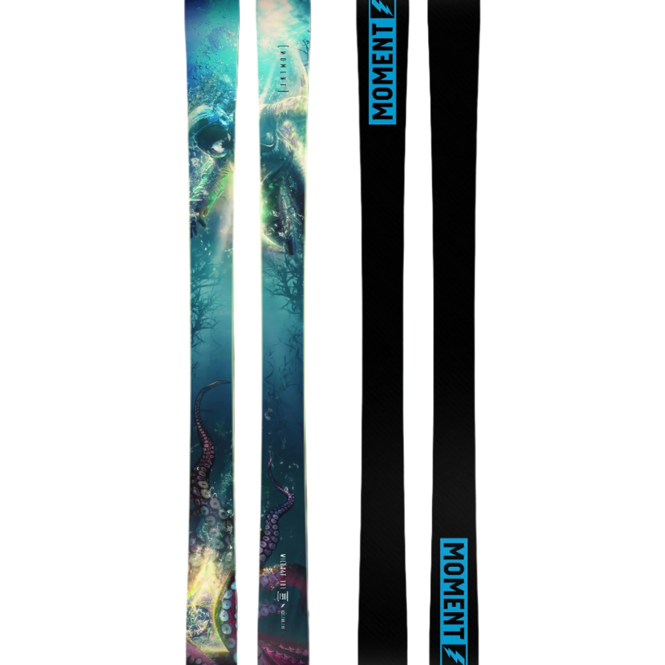 Moment Wildcat 101 Skis 2025 - A pair of skis with a blue and white color scheme, featuring a subtle pattern of diagonal stripes on the top sheet.
