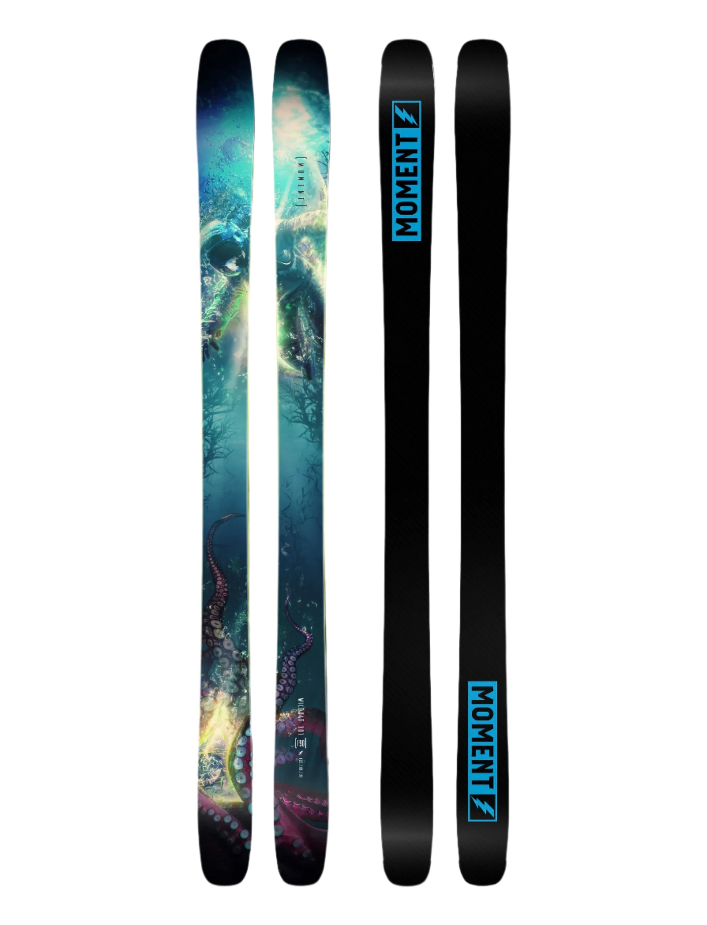 Moment Wildcat 101 Skis 2025 - A pair of skis with a blue and white color scheme, featuring a subtle pattern of diagonal stripes on the top sheet.