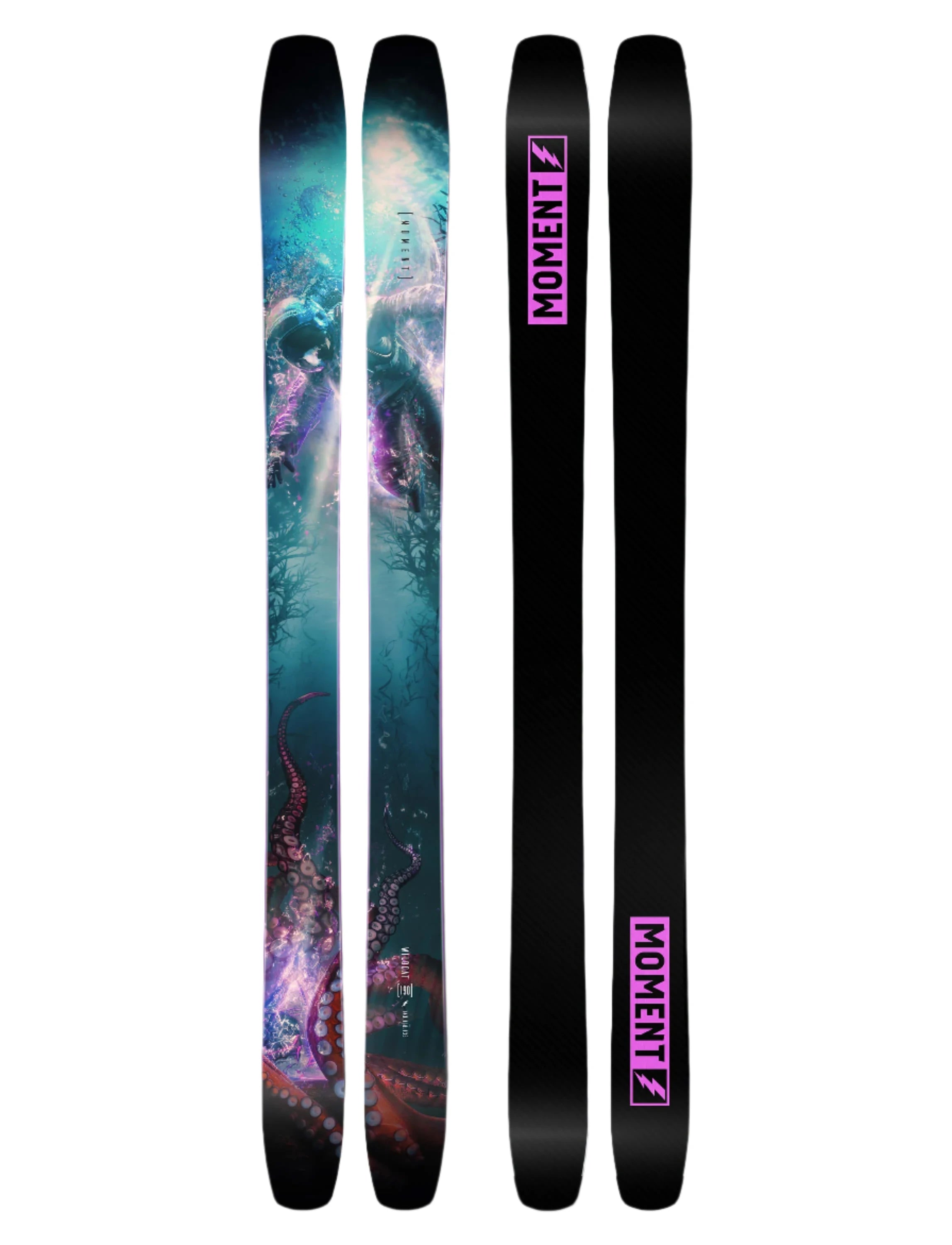Moment Wildcat Skis 2025 - A pair of skis with a blue-green gradient background and an octopus design on the left ski, featuring purple tentacles and white spots.