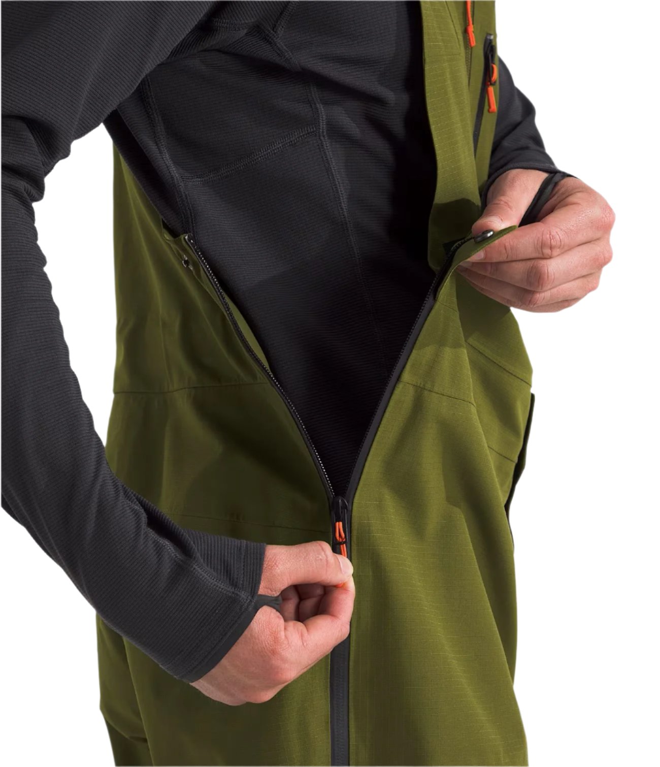 North Face Men's Ceptor Shell Bib - A green waterproof shell bib with a black zipper and orange accents on the side straps.