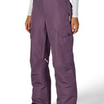 Black plum women’s cargo pants with side cargo pockets and adjustable waistband tabs