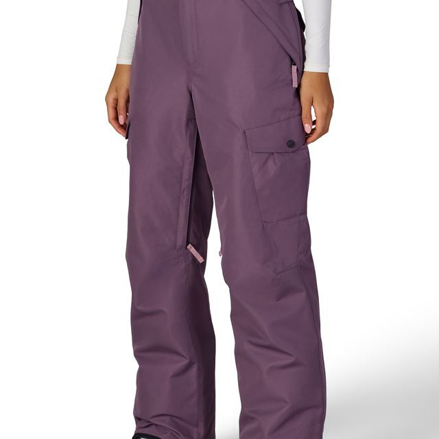 Black plum women’s cargo pants with side cargo pockets and adjustable waistband tabs