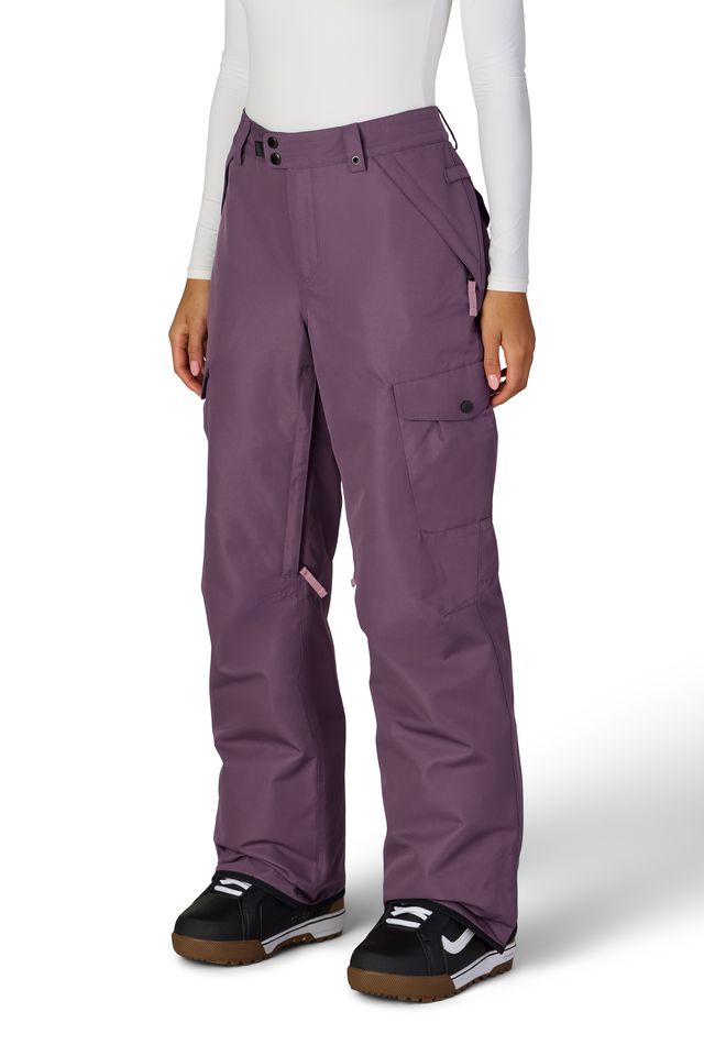 Black plum women’s cargo pants with side cargo pockets and adjustable waistband tabs
