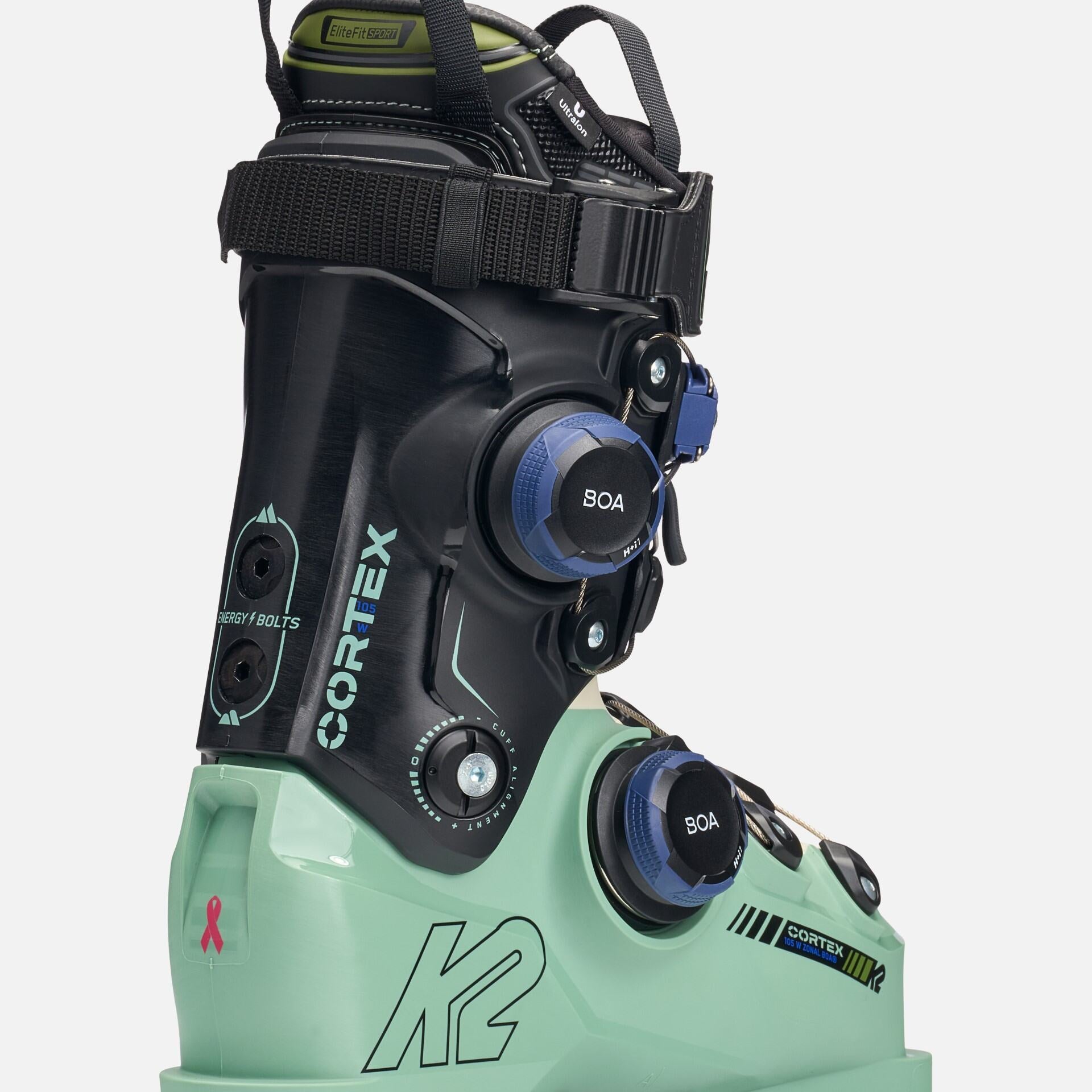 K2 Cortex 105 Zonal Boa ski boots feature a green and white design with a BOA dial.