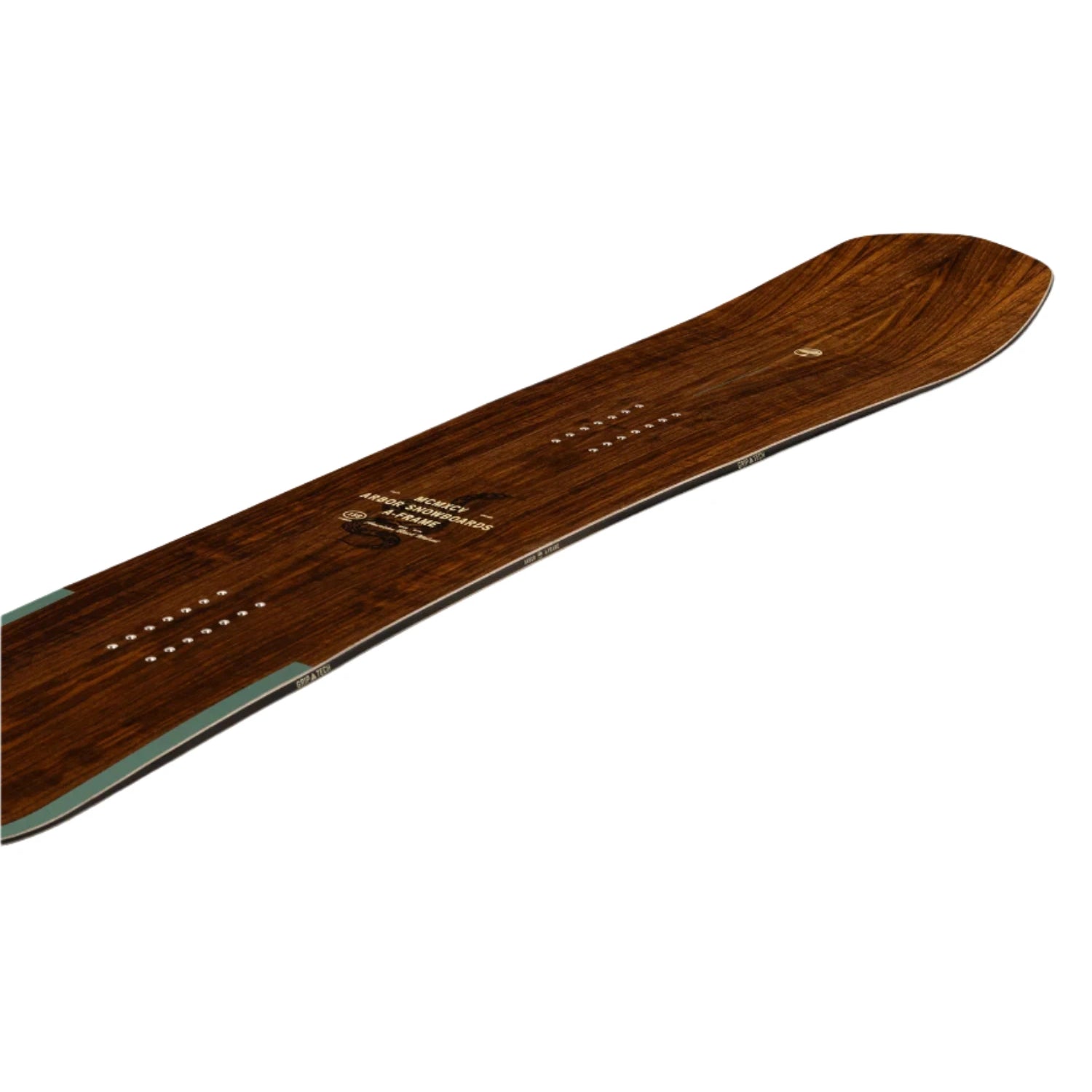 Arbor A-Frame Camber Snowboard 2025 - A brown snowboard with a wood grain pattern on its top surface.
