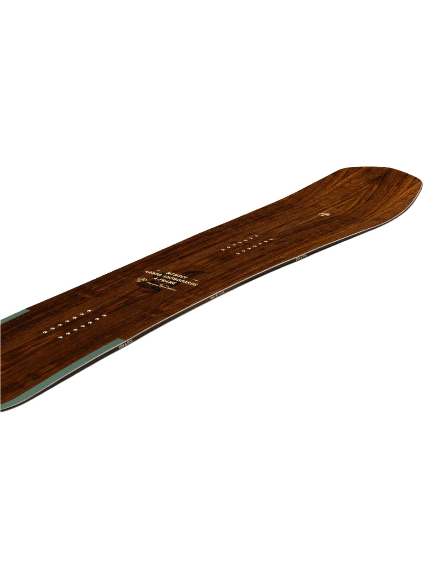 Arbor A-Frame Camber Snowboard 2025 - A brown snowboard with a wood grain pattern on its top surface.