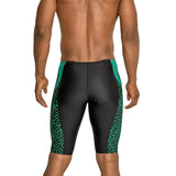 Speedo Race Maze Jammer Swimsuit - A black swimsuit with a maze pattern on the left leg in light blue and dark blue.