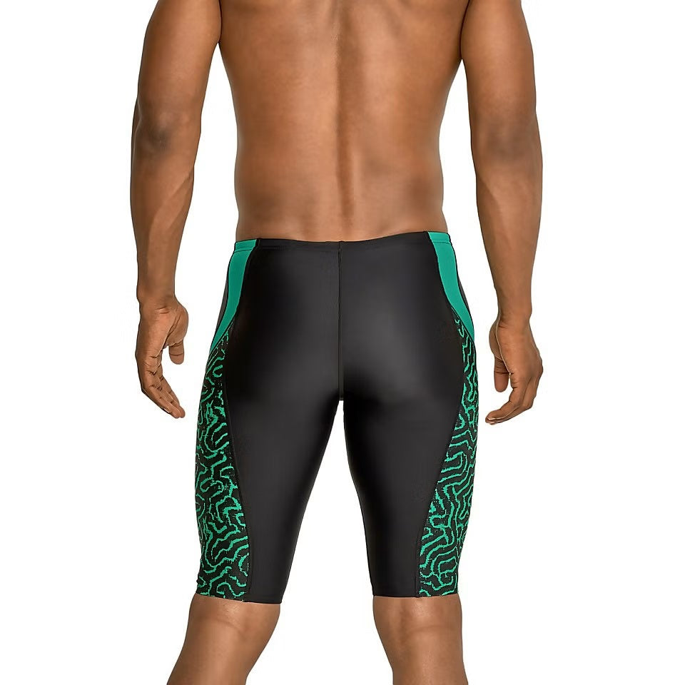 Speedo Race Maze Jammer Swimsuit - A black swimsuit with a maze pattern on the left leg in light blue and dark blue.