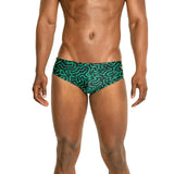 Speedo Race Maze Brief Swimsuit - A black swimsuit with a green maze pattern and a small gold logo on the left hip.