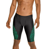 Speedo Race Maze Jammer Swimsuit - A black swimsuit with a maze pattern in green on the left leg.