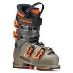 Tecnica Junior Mach 1 Ski Boot 2026 - A gray and orange ski boot with a black strap and buckle, featuring the brand name "Tecnica" in orange on the side.