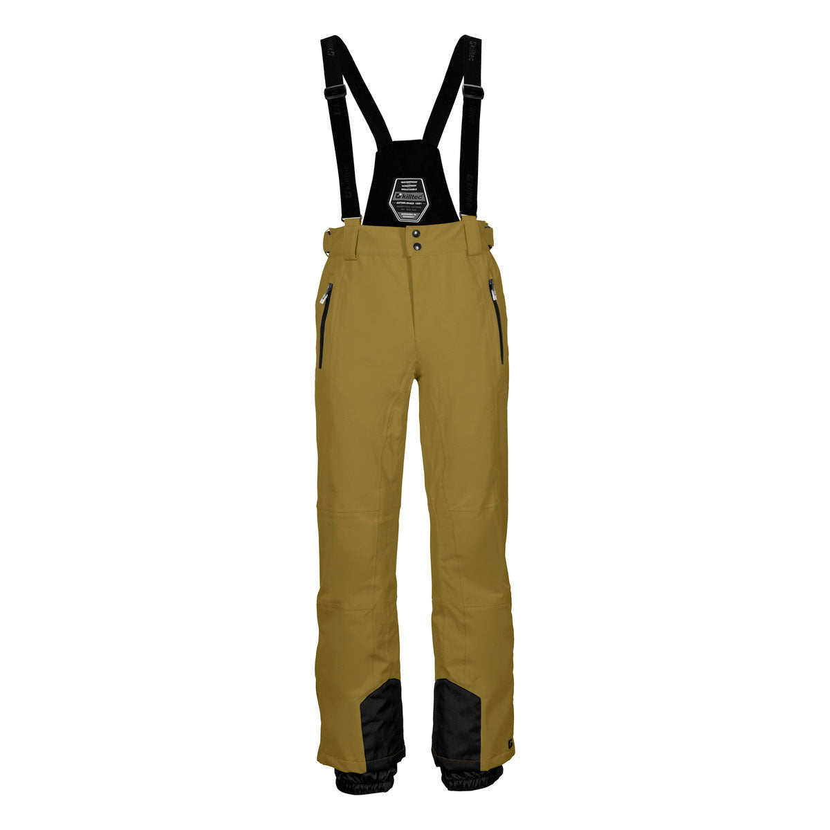 Killtec Enosh Detachable Suspender Pant 2025 - A pair of khaki-colored snow pants with black detachable suspenders and zippered pockets.