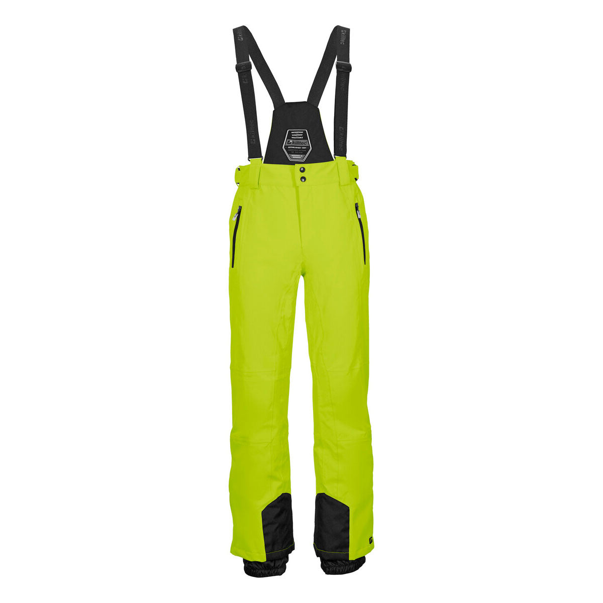 Killtec Enosh Detachable Suspender Pant 2025 - A pair of lime green snow pants with black accents and a detachable suspender system.